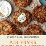 Pin graphic for air fryer potato latkes.