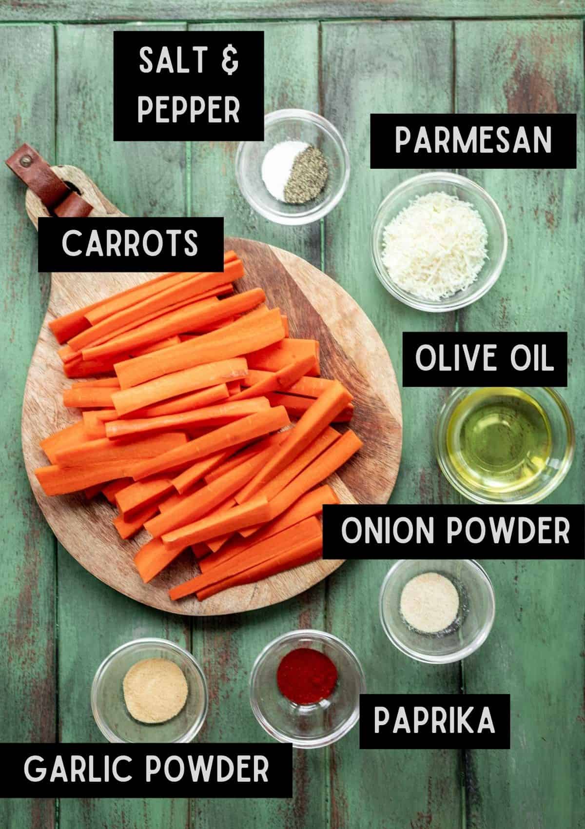 Labelled ingredients for air fryer carrot fries (see recipe for details).