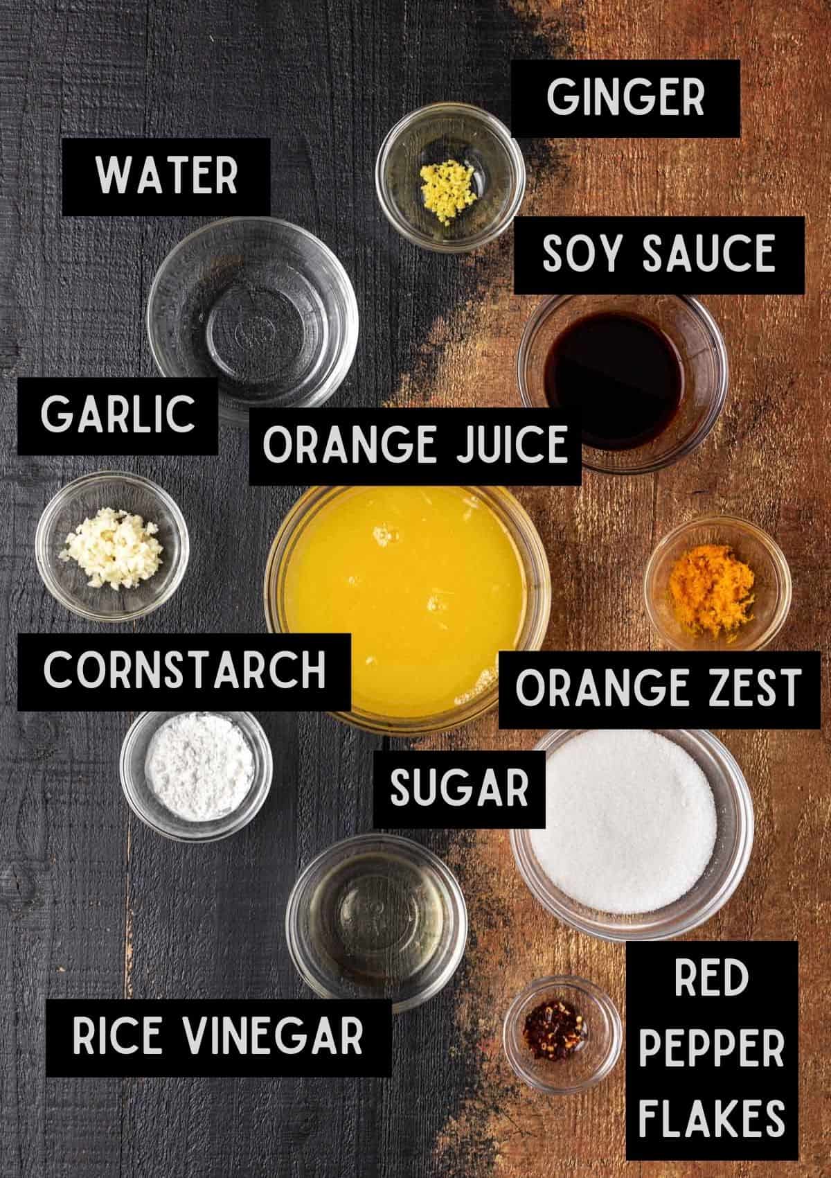Labelled ingredients for orange sauce (see recipe for details).