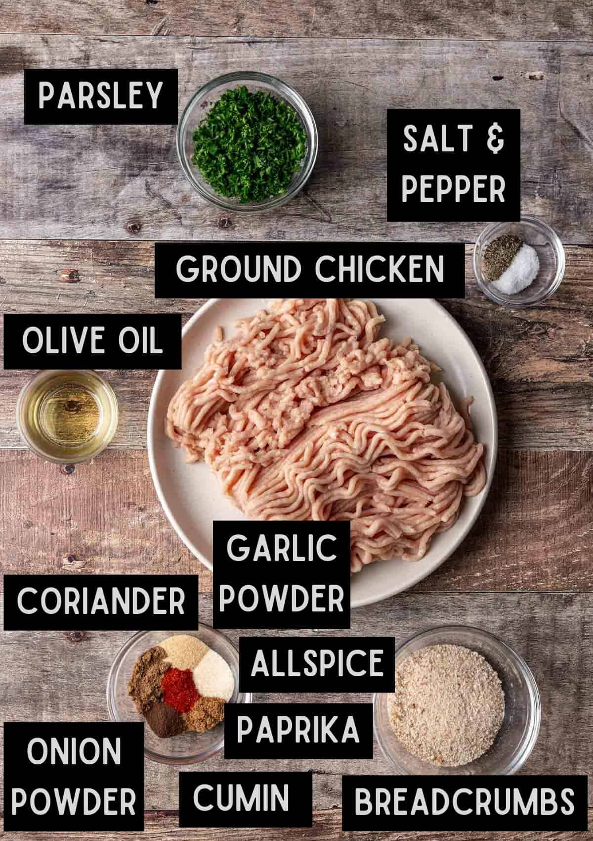 Labelled ingredients for chicken kofta kebabs (see recipe for details).