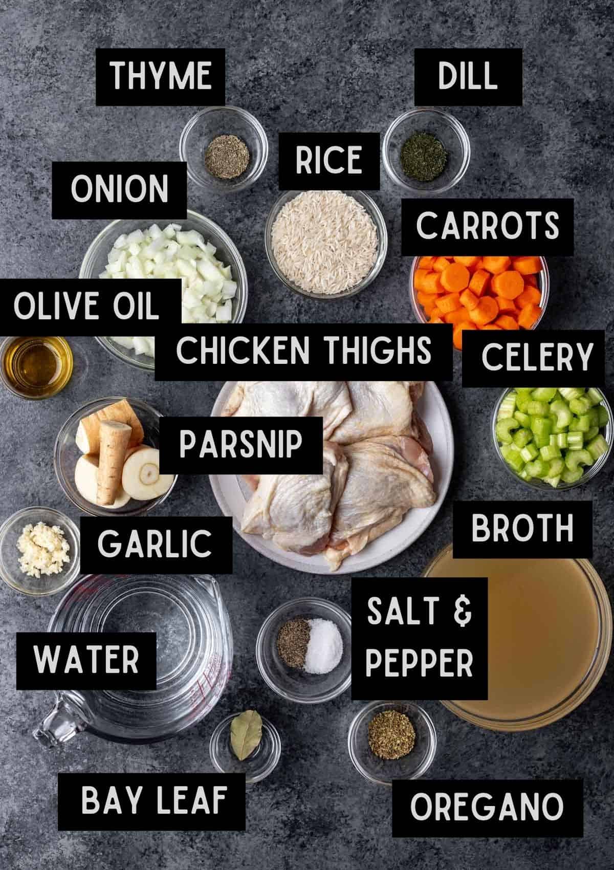 Labelled ingredients for instant pot chicken rice soup (see recipe for details).