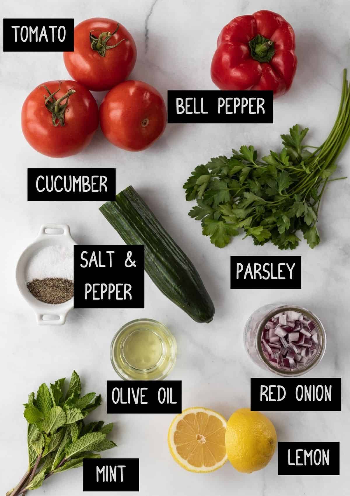 Labelled ingredients for israeli salad (see recipe for details).