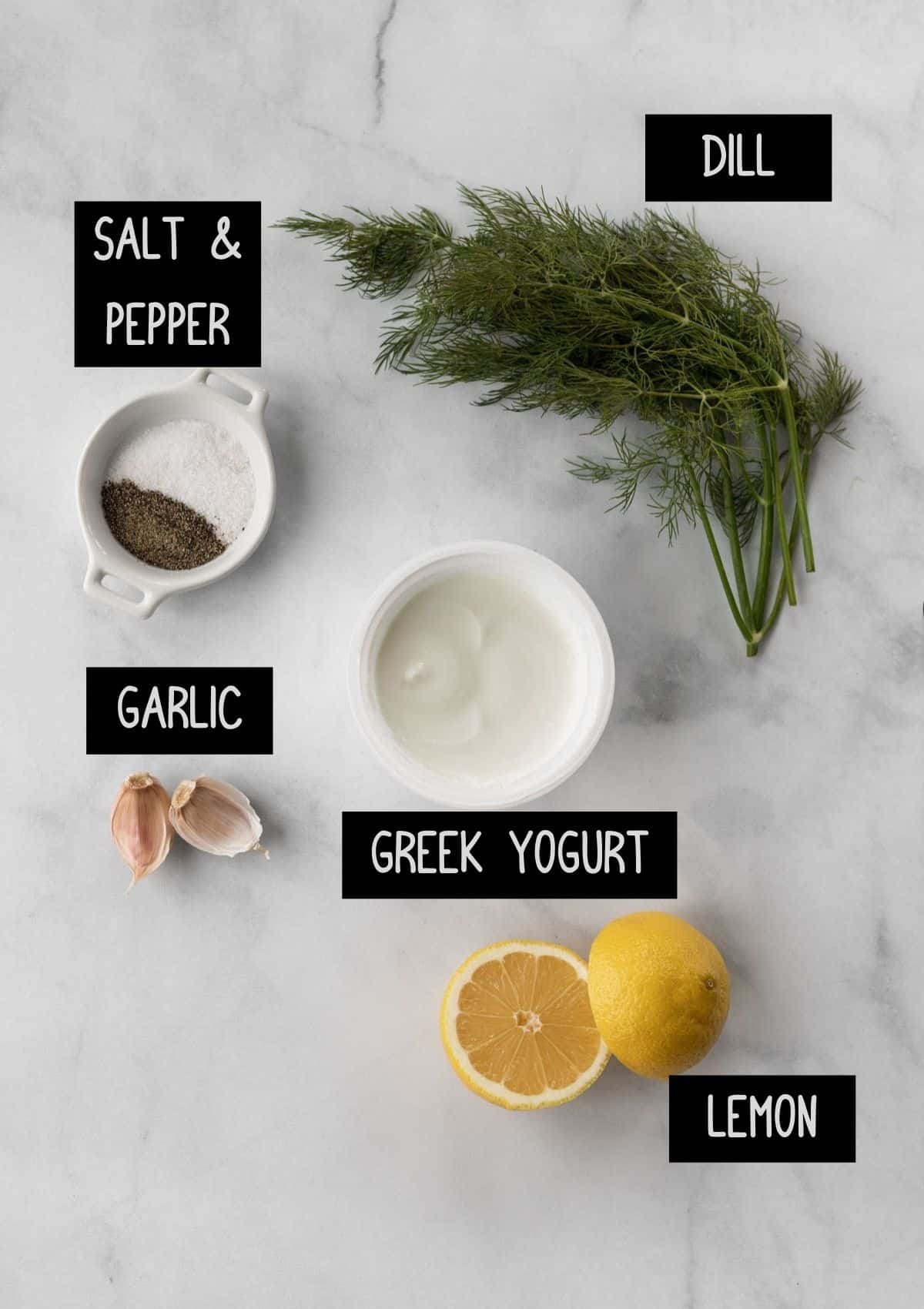 Labelled ingredients for lemon dill yogurt sauce (see recipe for details).