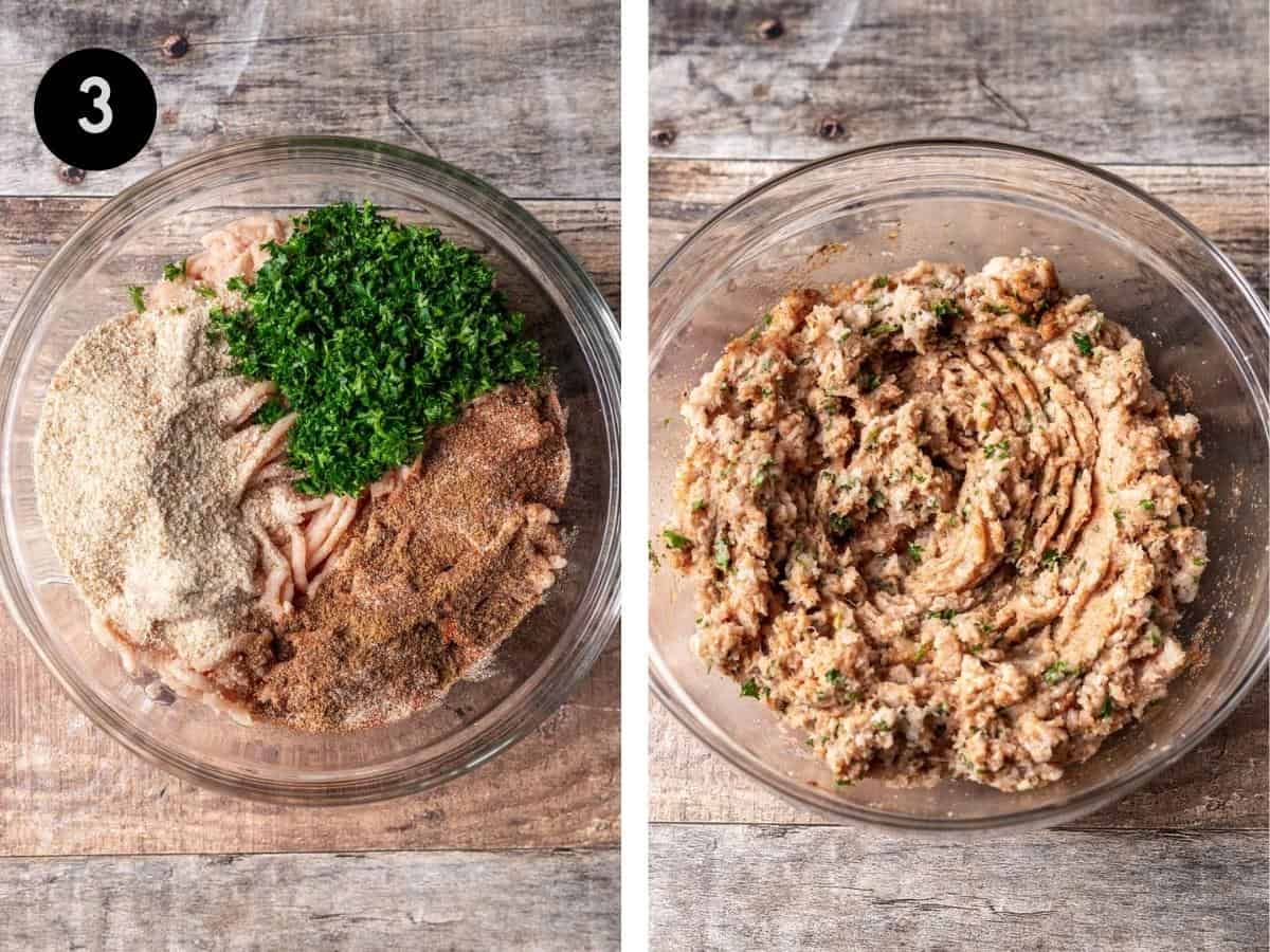 Ground chicken, parsley, breadcrumbs, and seasonings mixed together in a mixing bowl.