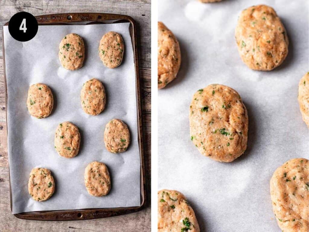 Seasoned ground chicken formed into oval shaped meatballs on a baking sheet.