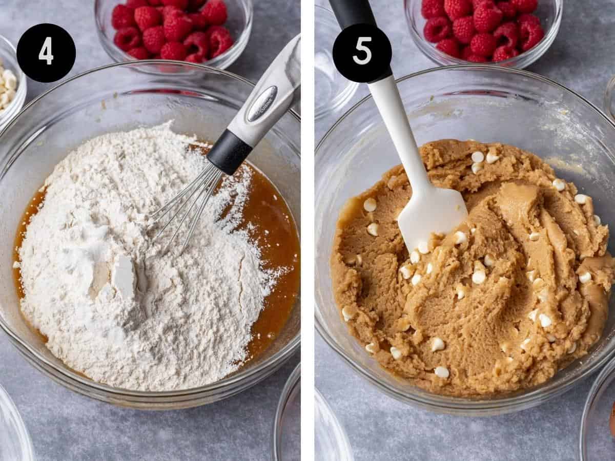 White chocolate blondie batter in a glass mixing bowl.