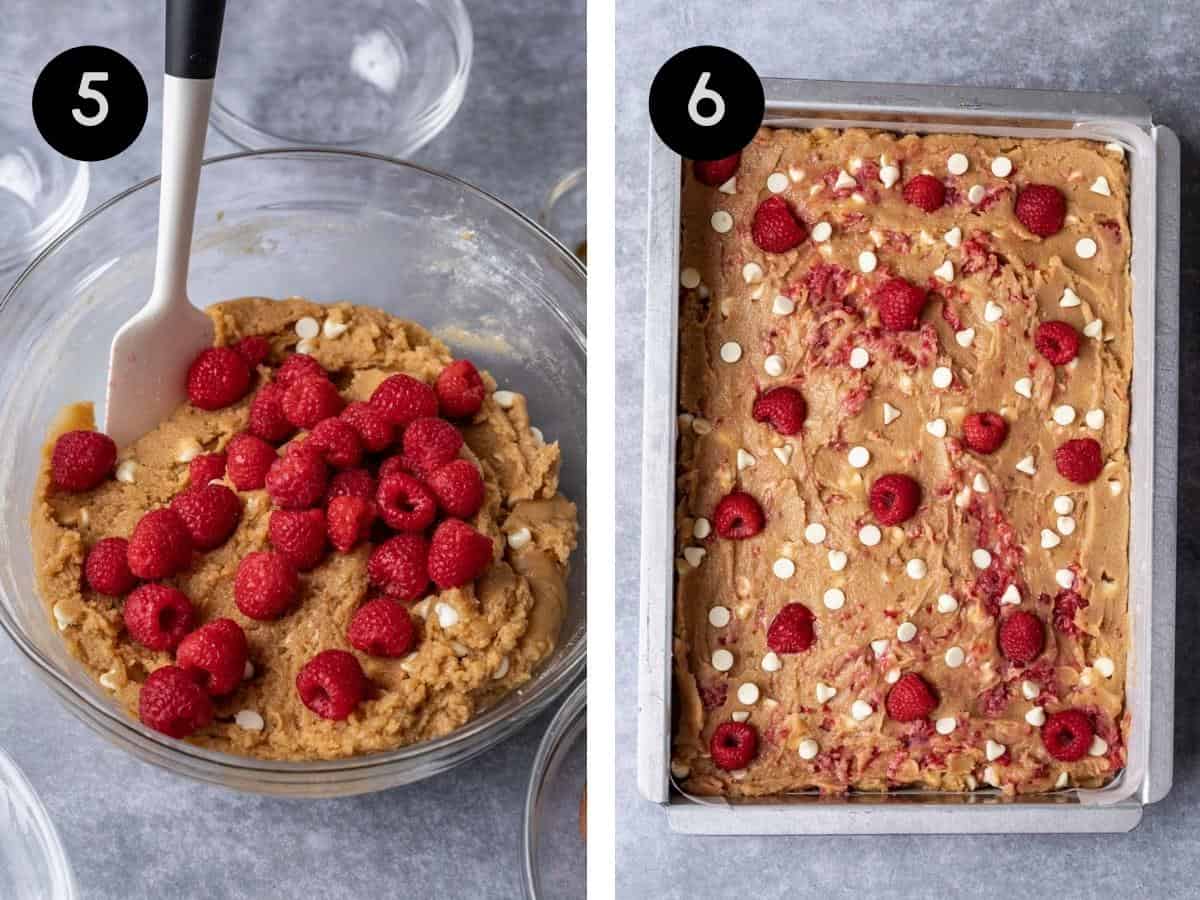 White chocolate raspberry blondie batter spread out in a baking pan.