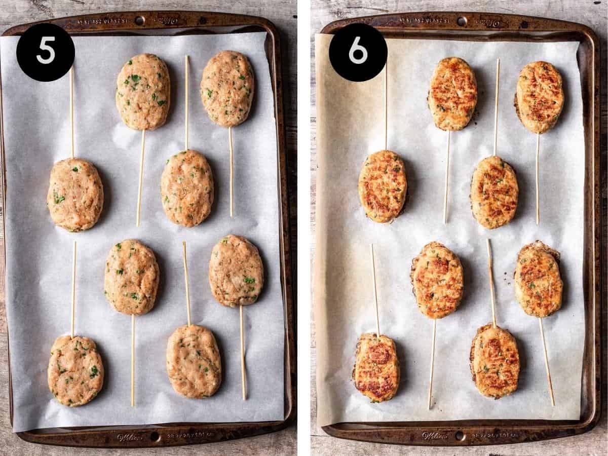 Before and after of raw and cooked chicken kofta kebabs on a baking sheet.