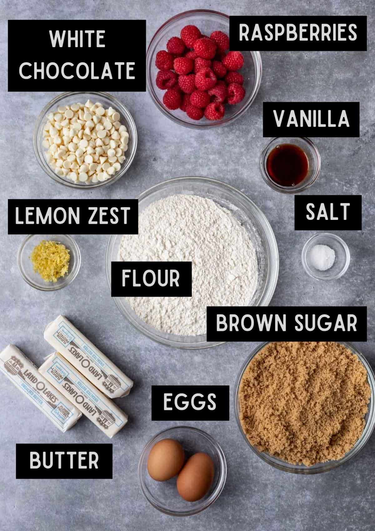 Labelled ingredients for white chocolate raspberry blondies (see recipe for details).