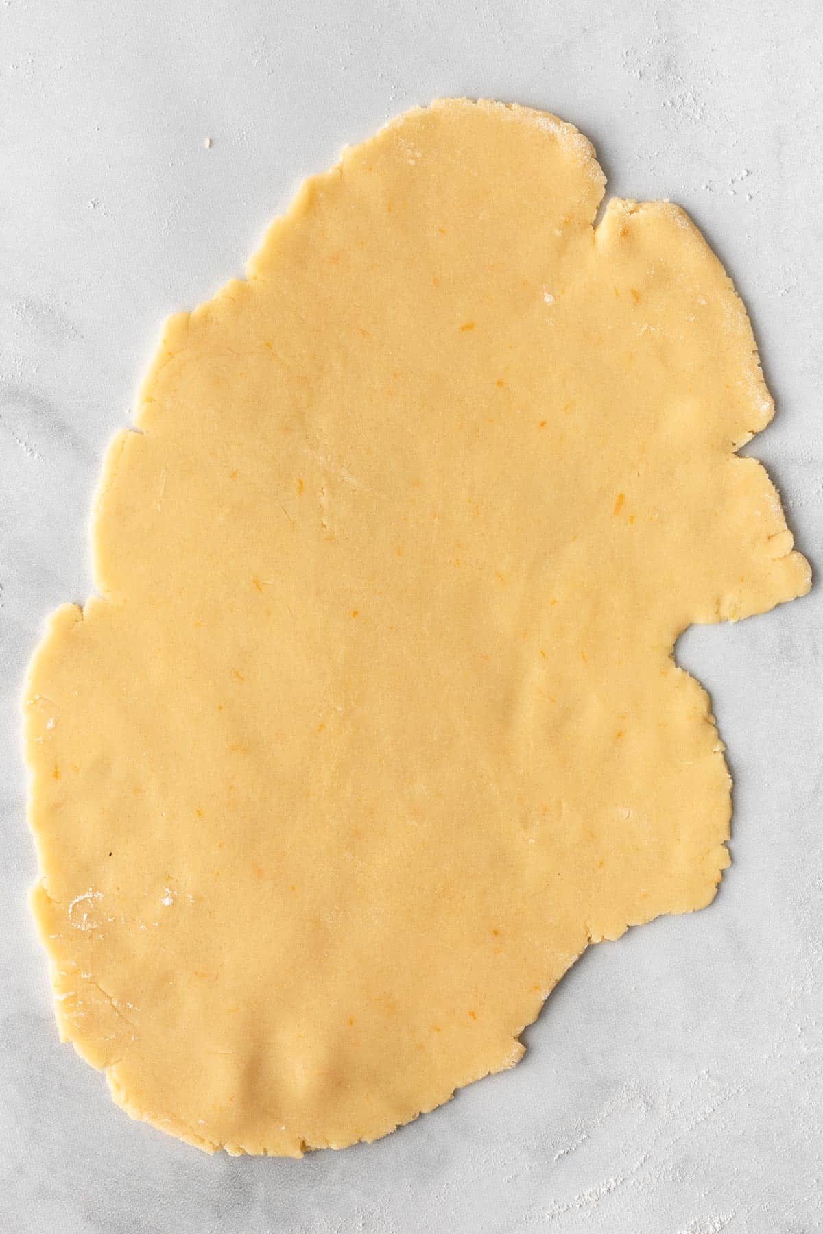 Rolled out dough on a floured surface.