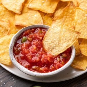 Air fryer tortilla chip dipped in salsa.