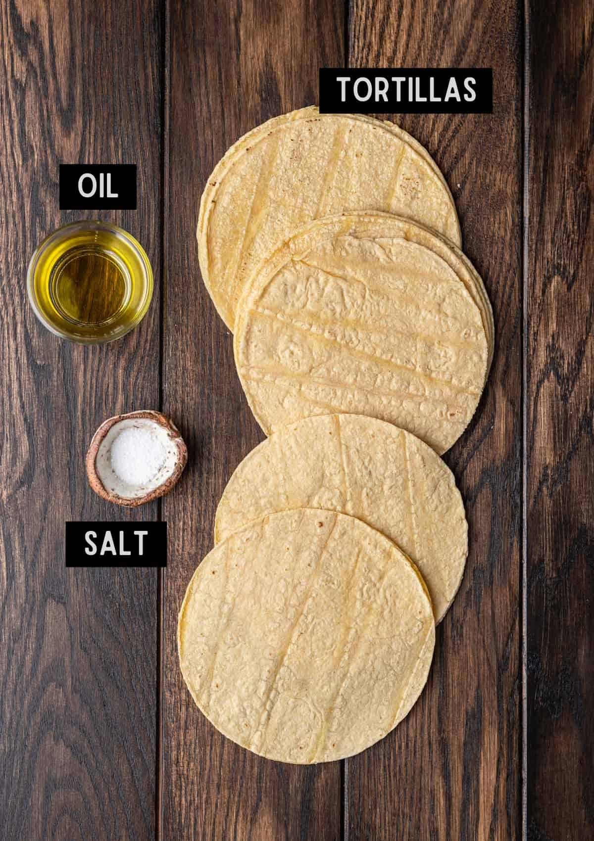 Labelled ingredients for air fryer tortilla chips (see recipe for details).