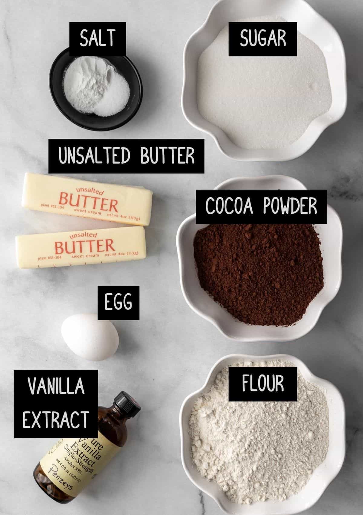 Labelled ingredients for the chocolate dough (see recipe for details).