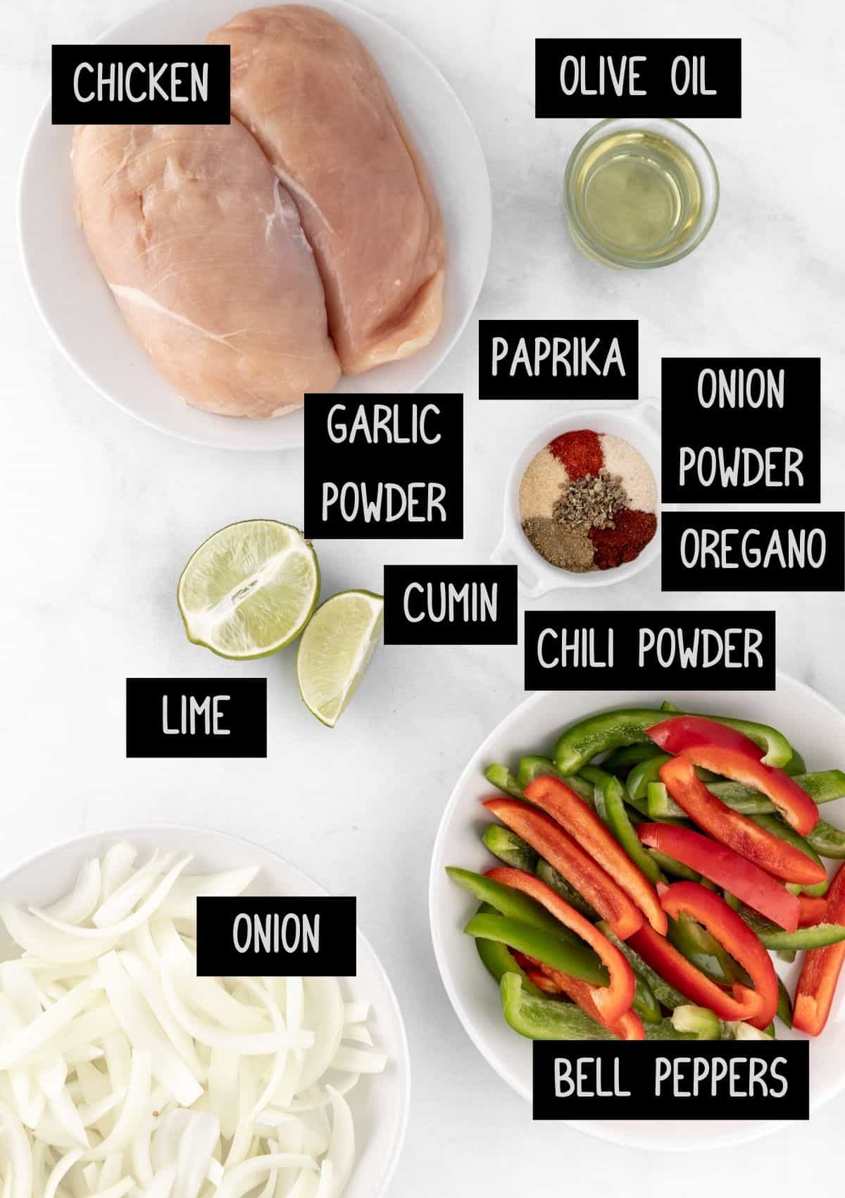 Labelled ingredients for the chili lime chicken and fajita peppers and onions (see recipe for details).