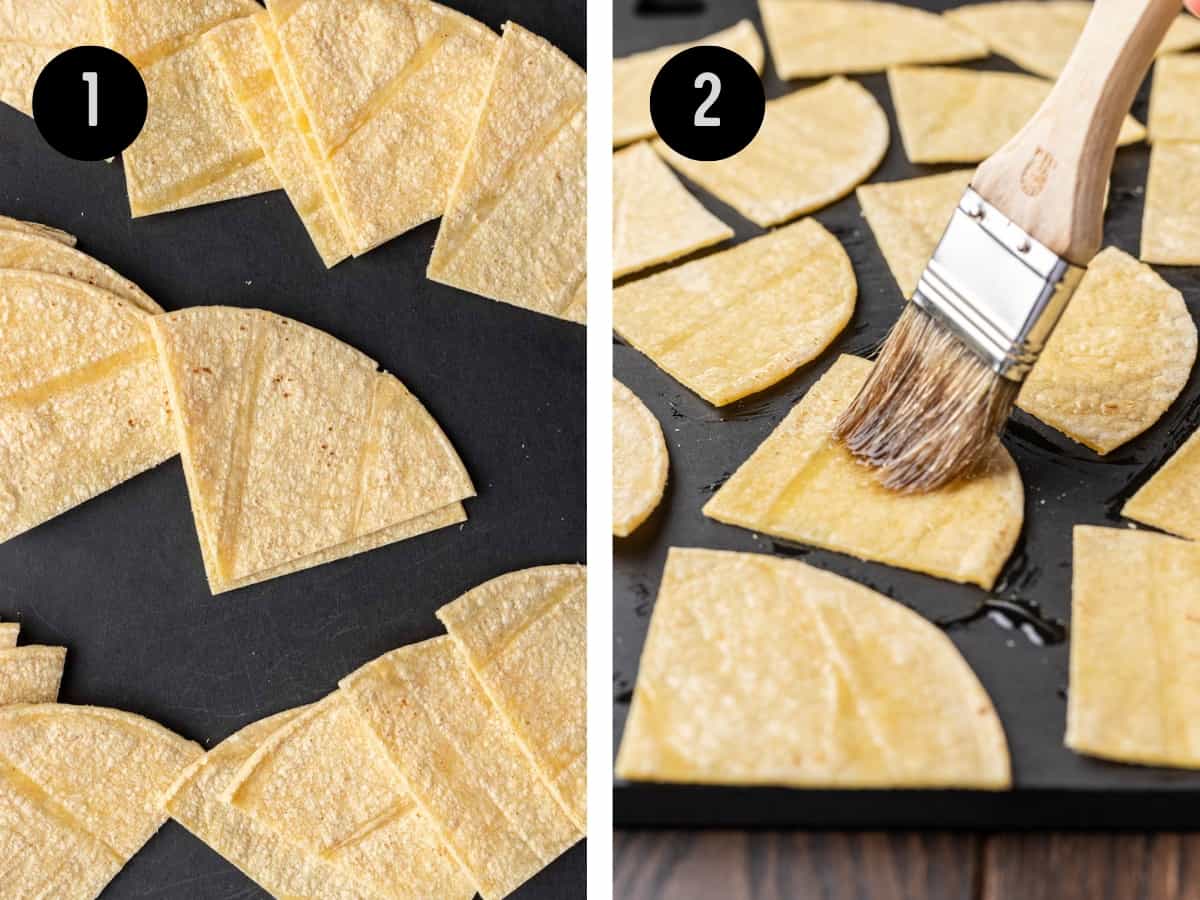 Tortillas cut into triangles then brushed with oil.