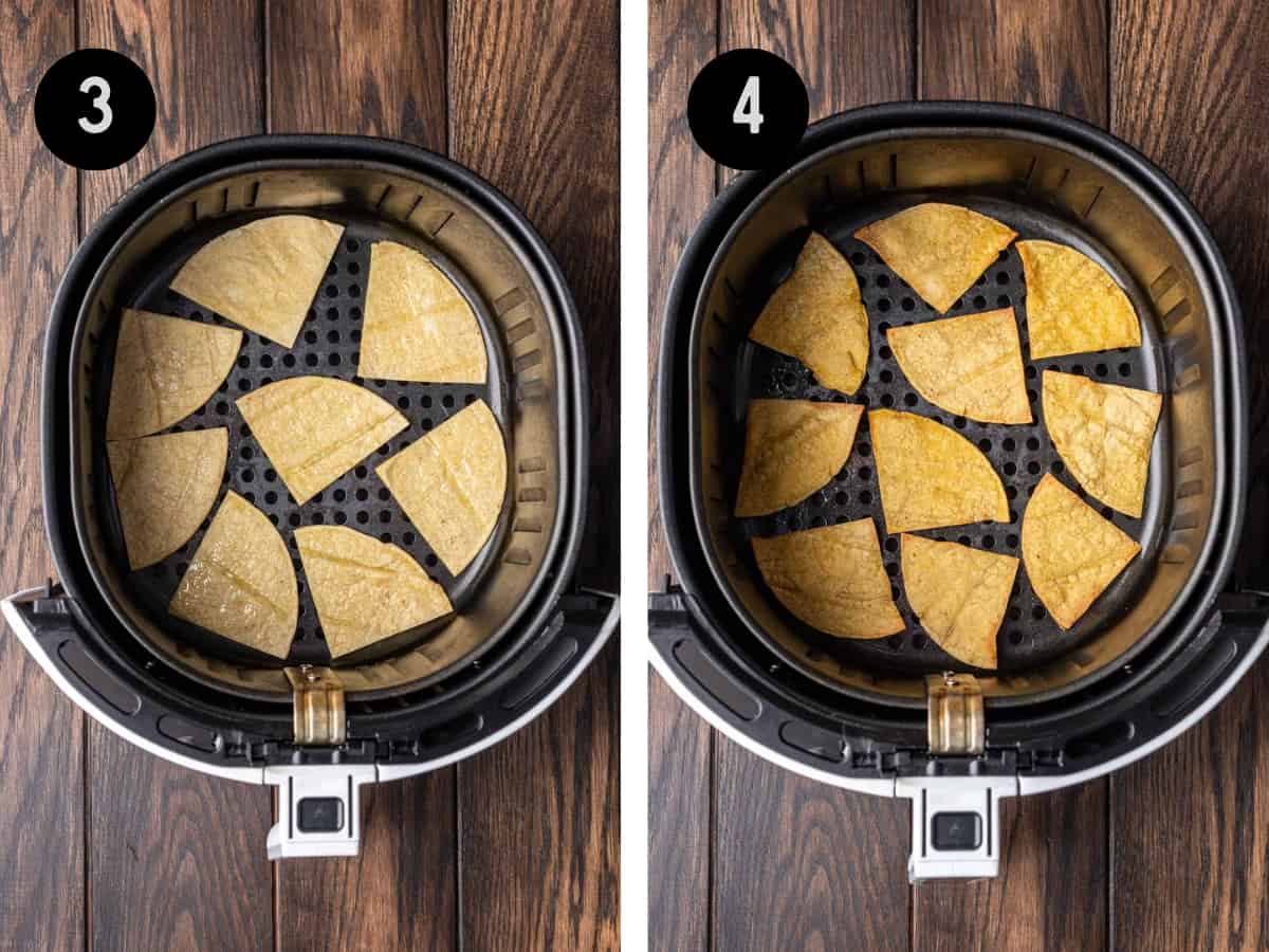 Tortilla chips before and after cooking in the air fryer.
