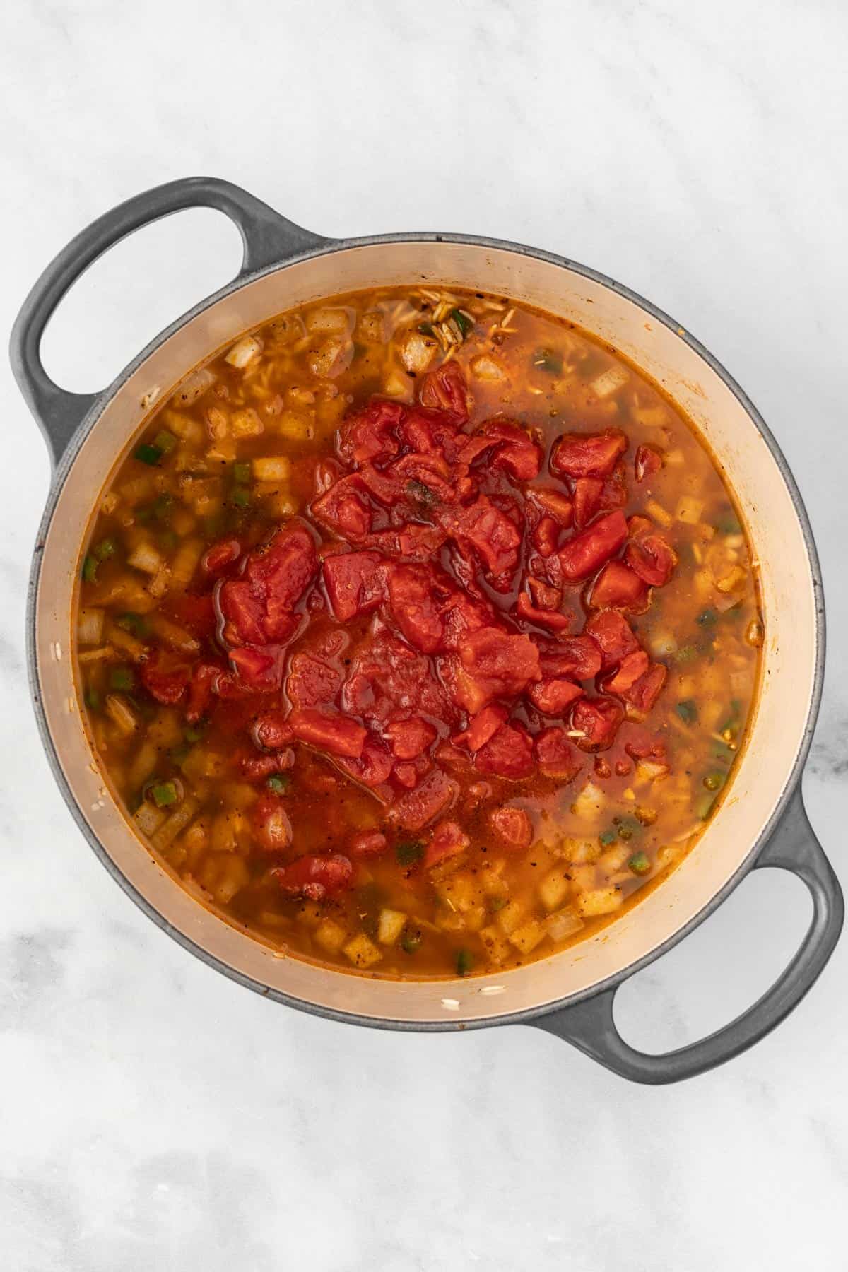 A dutch oven filled with chicken broth, canned tomatoes, spices, and garlic added on top of rice, jalapeños, and onions.