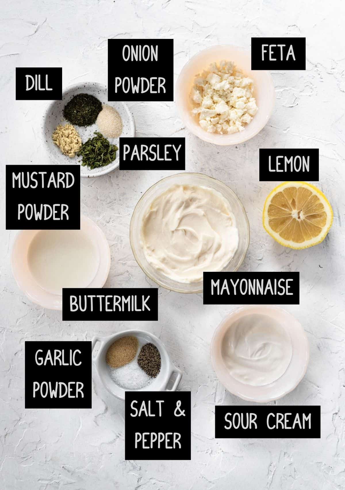 Labelled ingredients for feta ranch dressing (see recipe for details).
