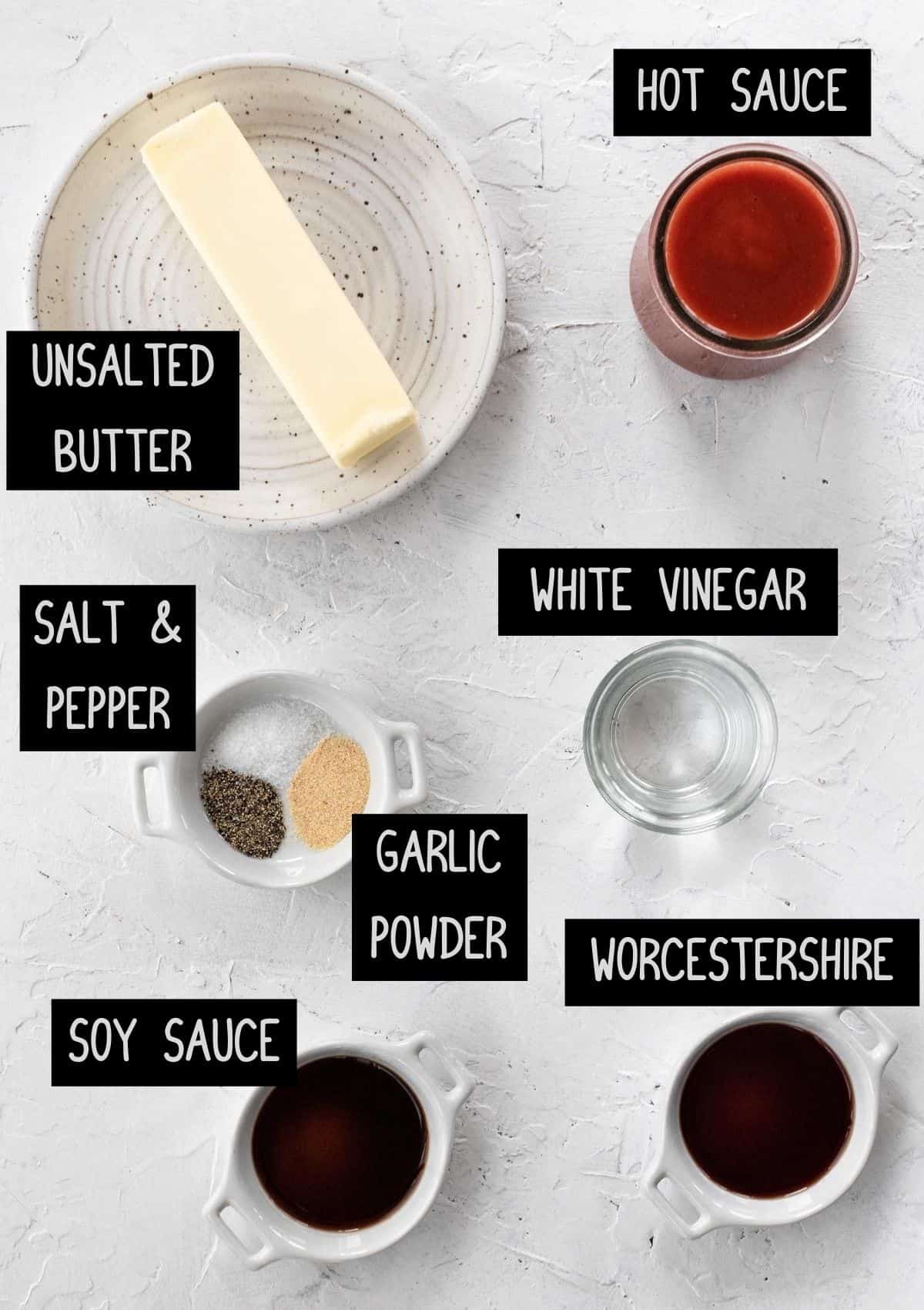 Labelled ingredients for homemade buffalo sauce (see recipe for details).