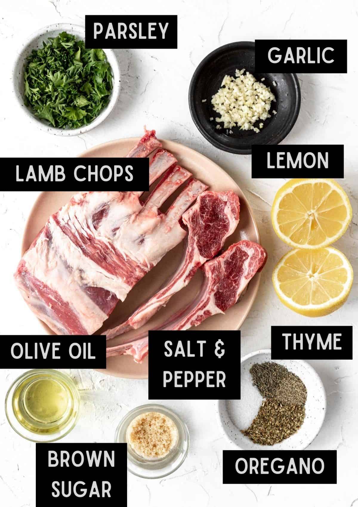 Labelled ingredients for air fryer lamb chops (see recipe for details).