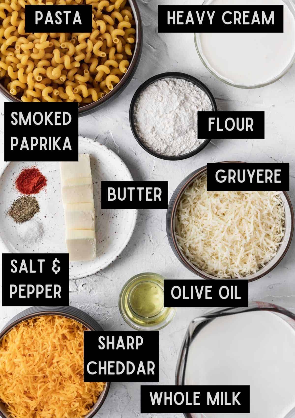 Labelled ingredients for creamy baked mac and cheese (see recipe for details).