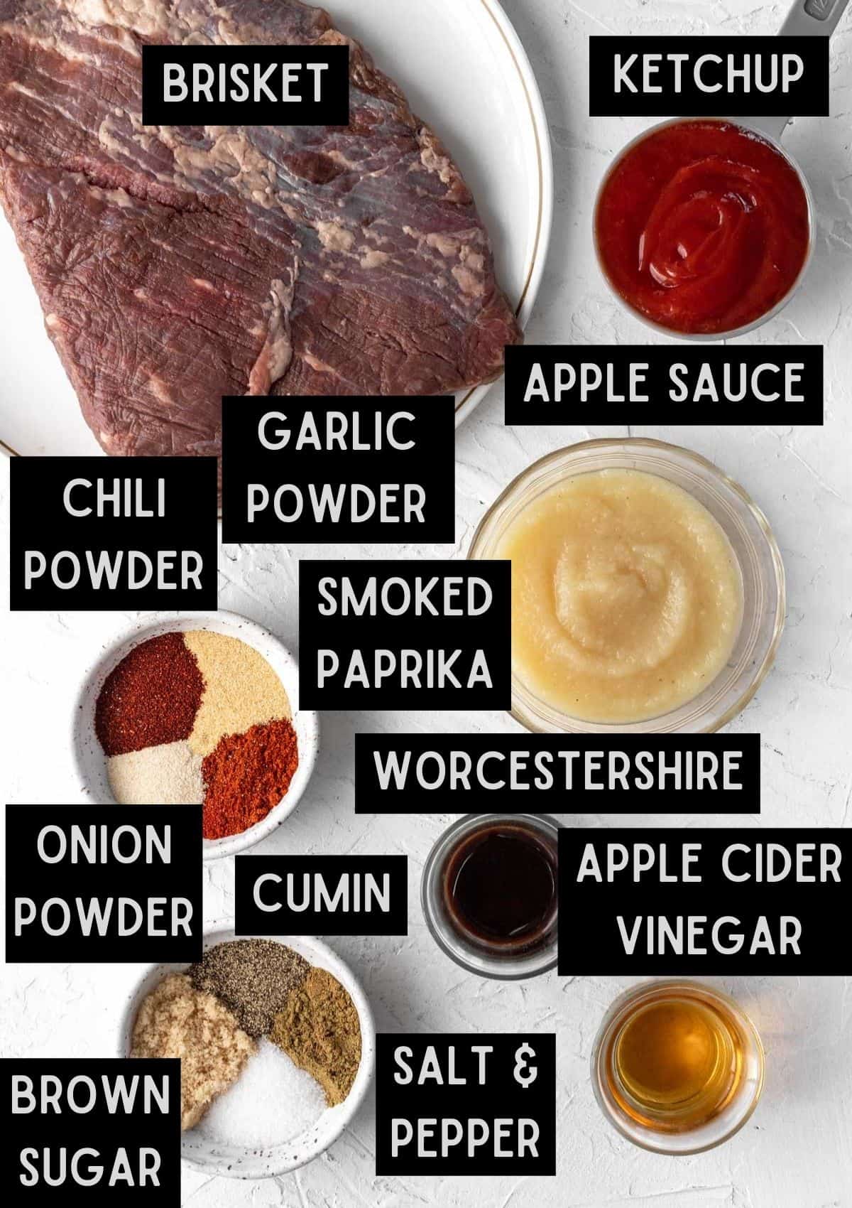 Labelled ingredients for slow cooker beef brisket (see recipe for details).