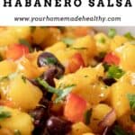 Pin graphic for spicy mango habanero salsa with black beans.