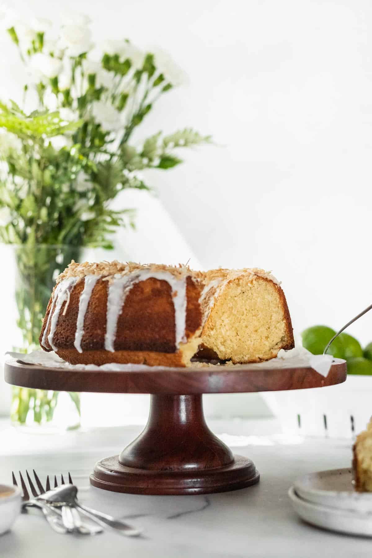 Side view of the cake to show the soft and flakey texture inside a slice.