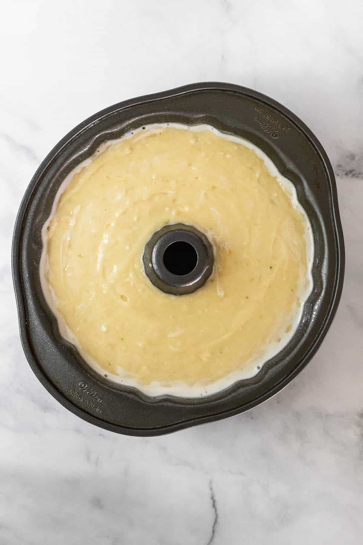 Cake batter in a greased bundt pan.