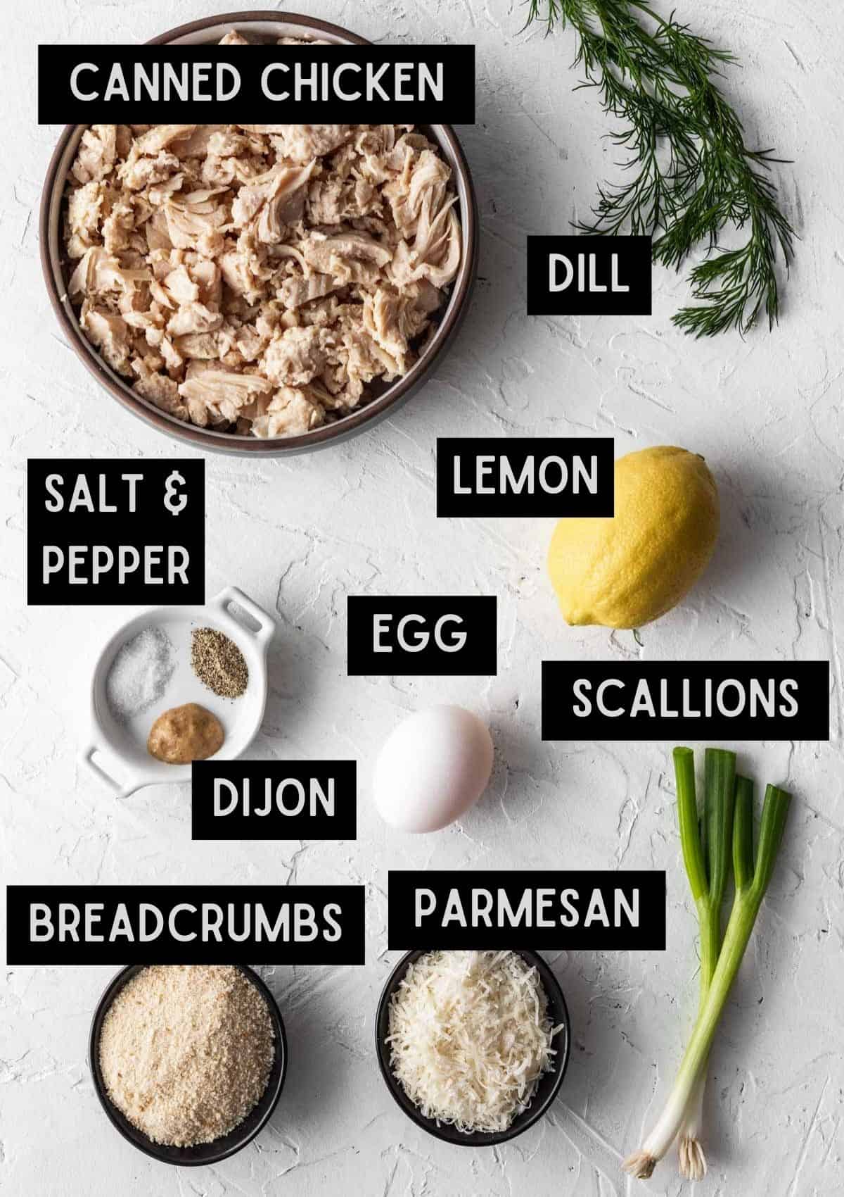 Labelled ingredients for air fryer chicken patties (see recipe for details).