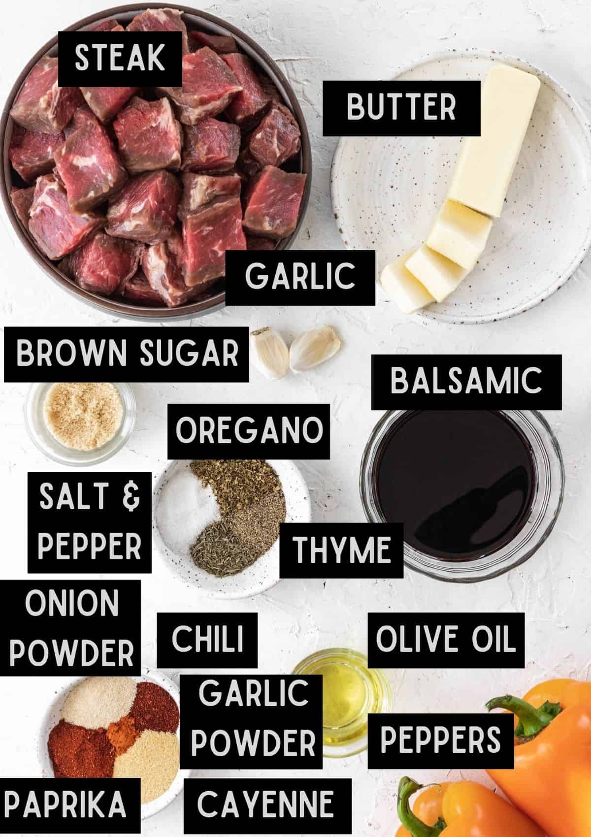 Labelled ingredients for cajun steak bites (see recipe for details).