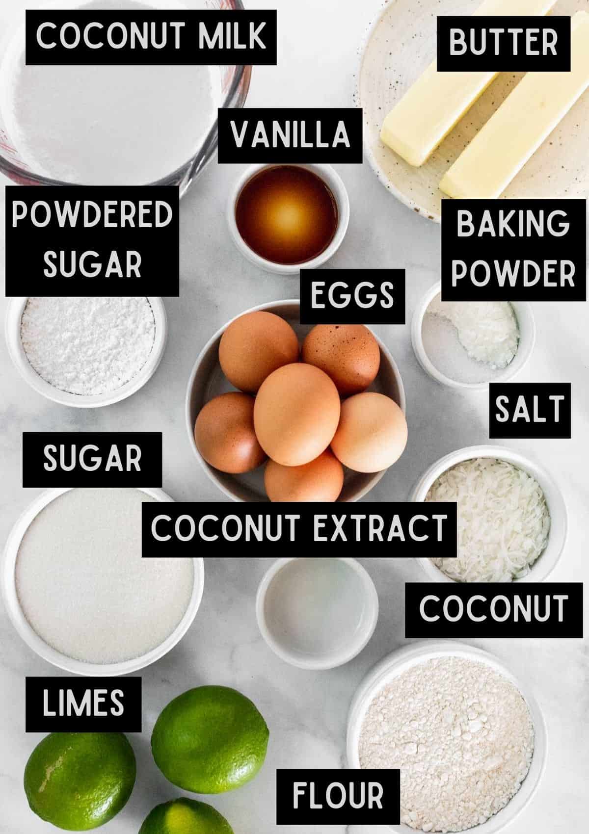 Labelled ingredients for coconut lime cake (see recipe for details).