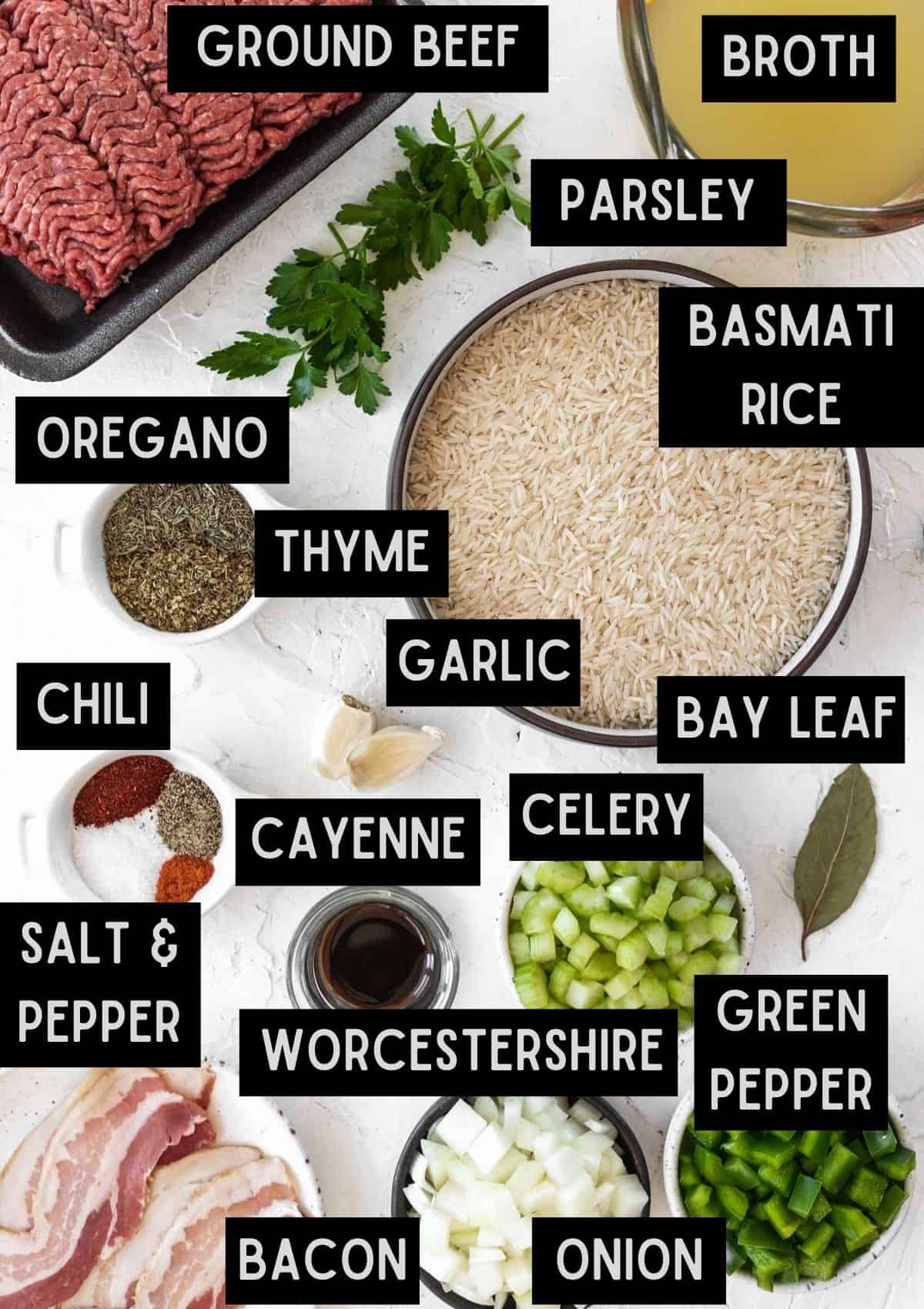 Labelled ingredients for homemade dirty rice (see recipe for details).