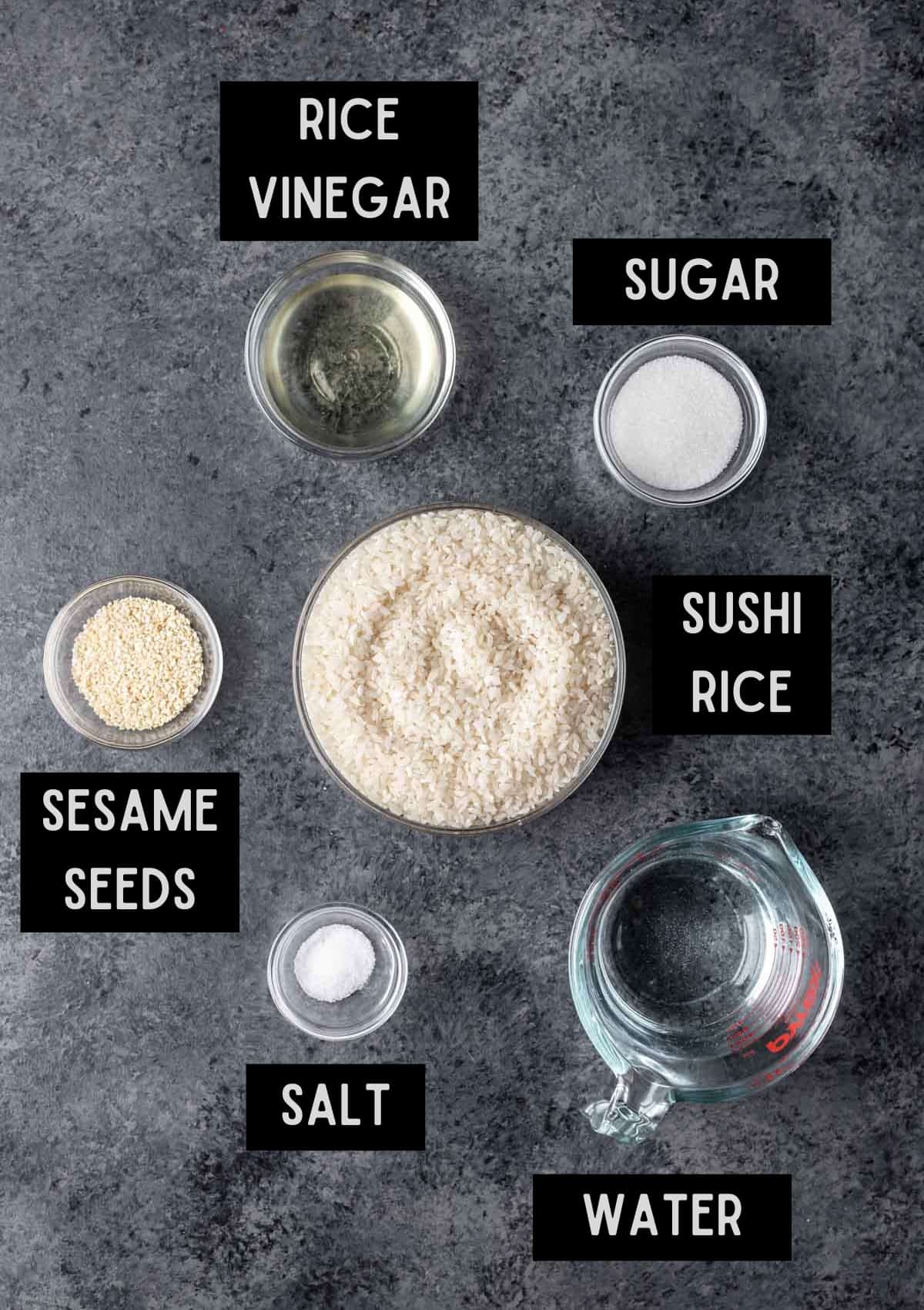 Labelled ingredients for instant pot sushi rice (see recipe for details).