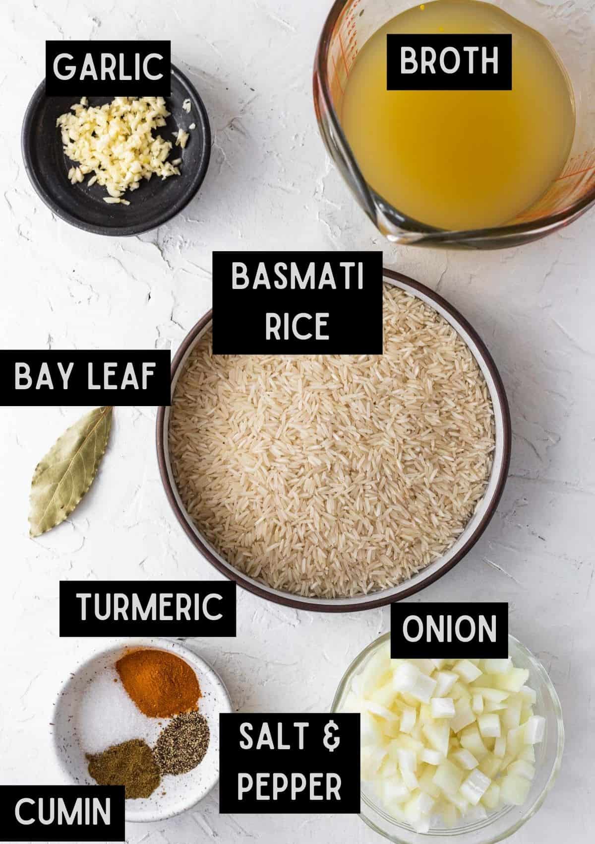 Labelled ingredients for instant pot yellow rice (see recipe for details).