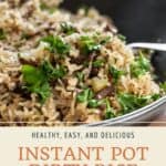 Pin graphic for beef and bacon instant pot dirty rice.