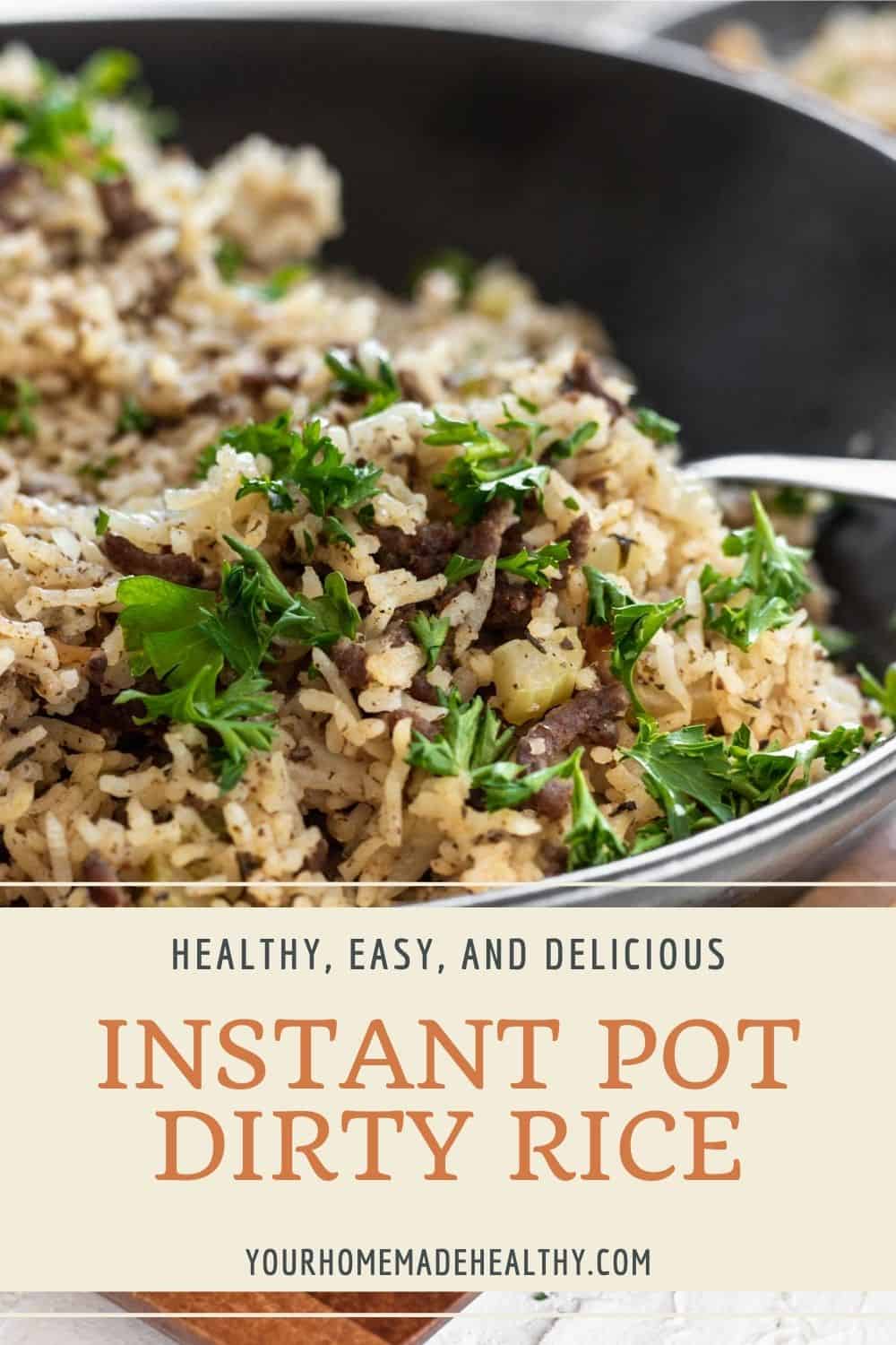 Pin graphic for beef and bacon instant pot dirty rice.