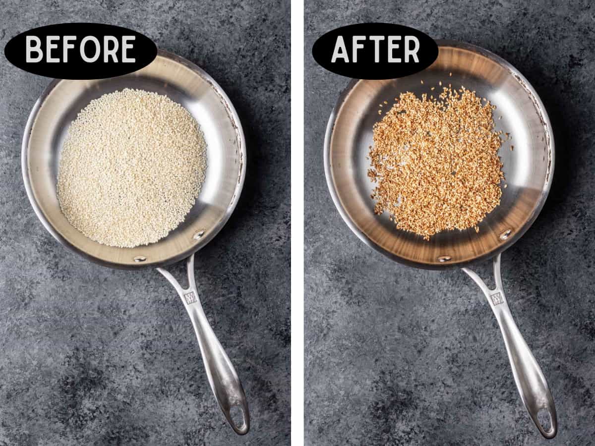 Before and after of toasting sesame seeds in a skillet.
