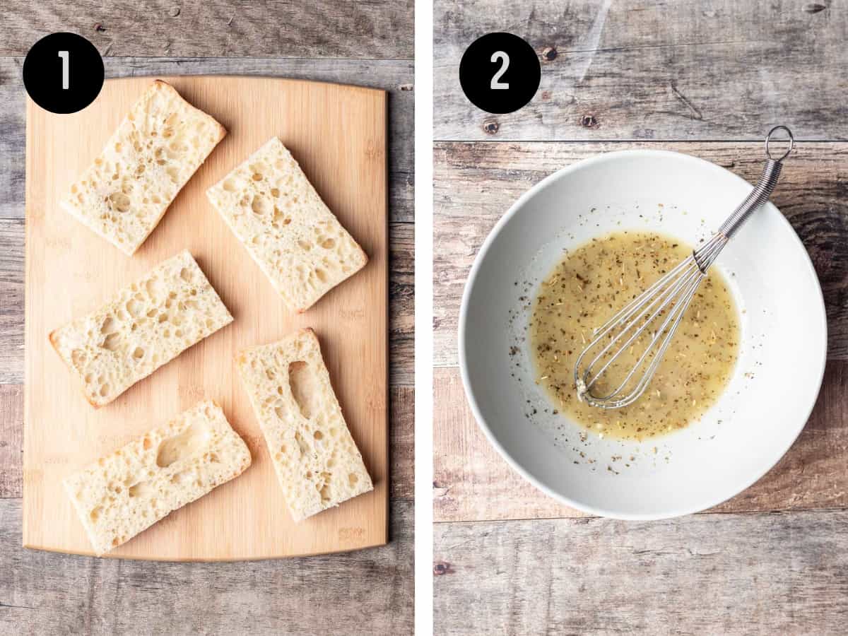 French bread cut into pieces that fit an air fryer. Garlic, spices, olive oil, and butter mixed together in a bowl.