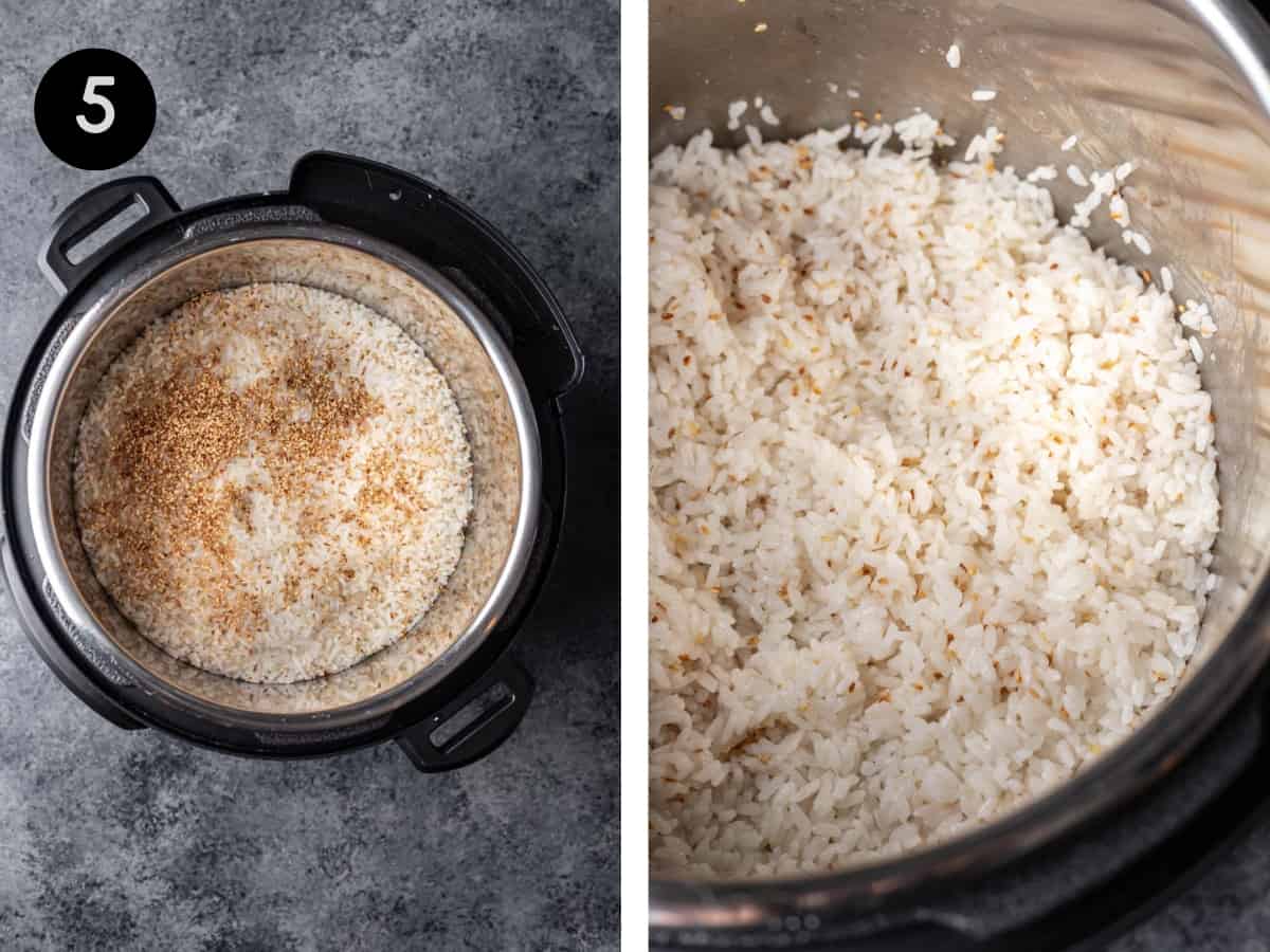 Toasted sesame seeds added to cooked sushi rice in an instant pot.