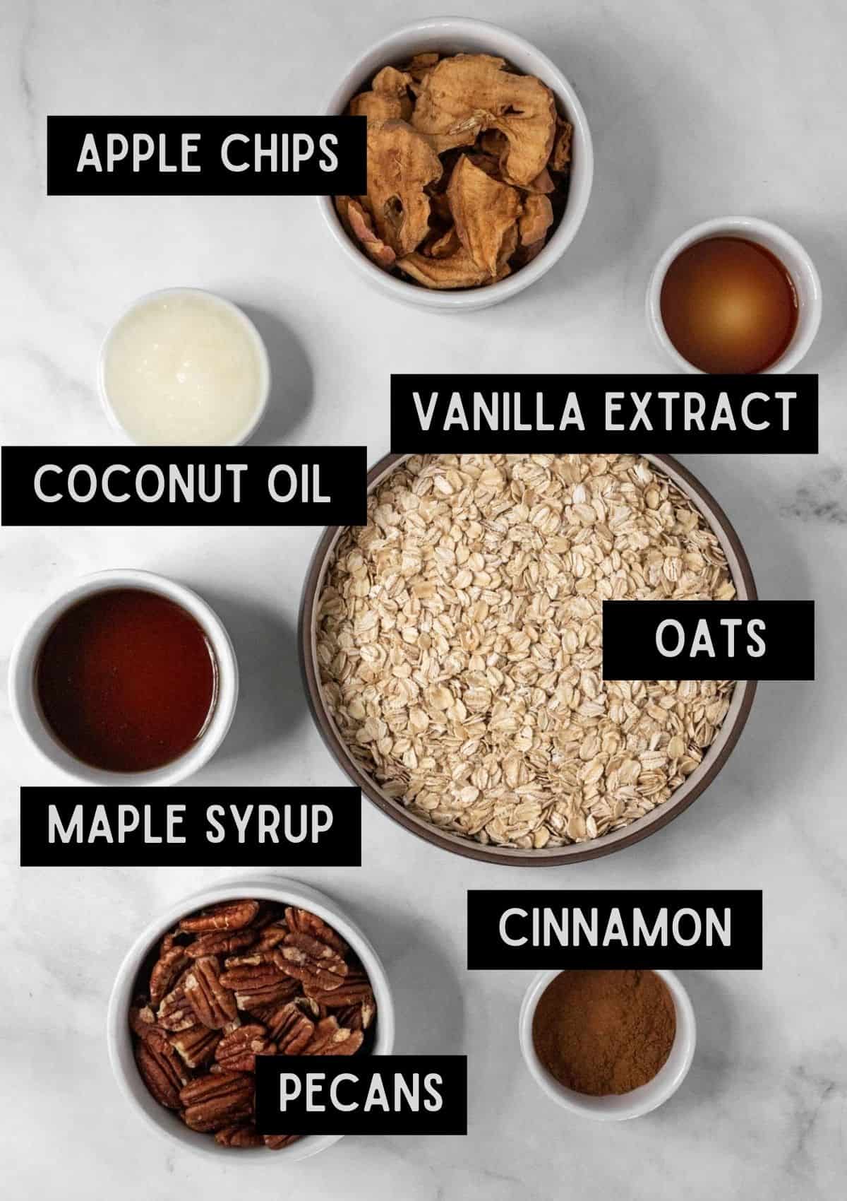 Labelled ingredients for apple cinnamon granola (see recipe for details).