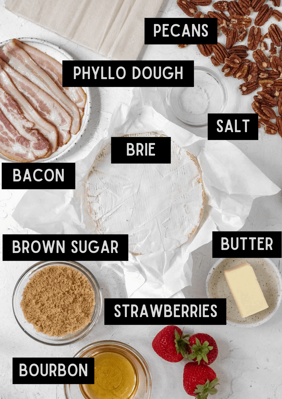 Labelled ingredients for bourbon pecan brie bites (see recipe for details).