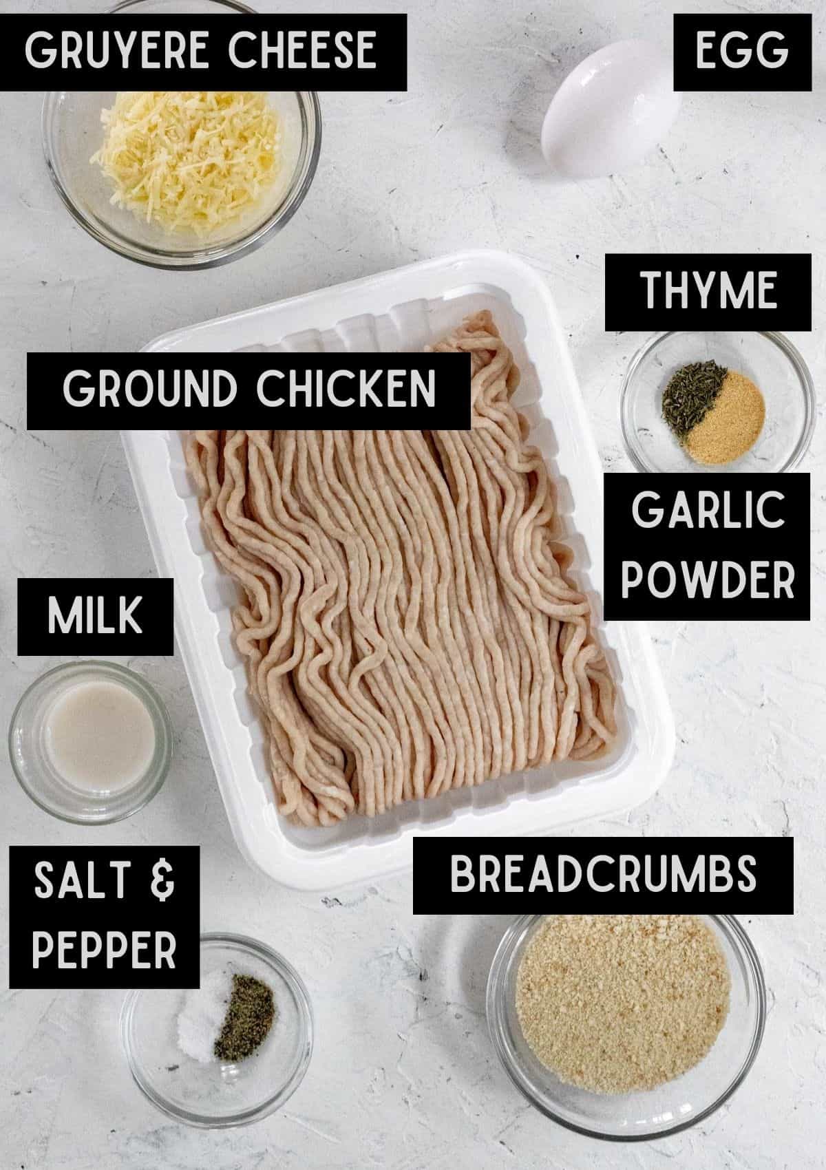 Labelled ingredients for the ground chicken meatballs (see recipe for details).