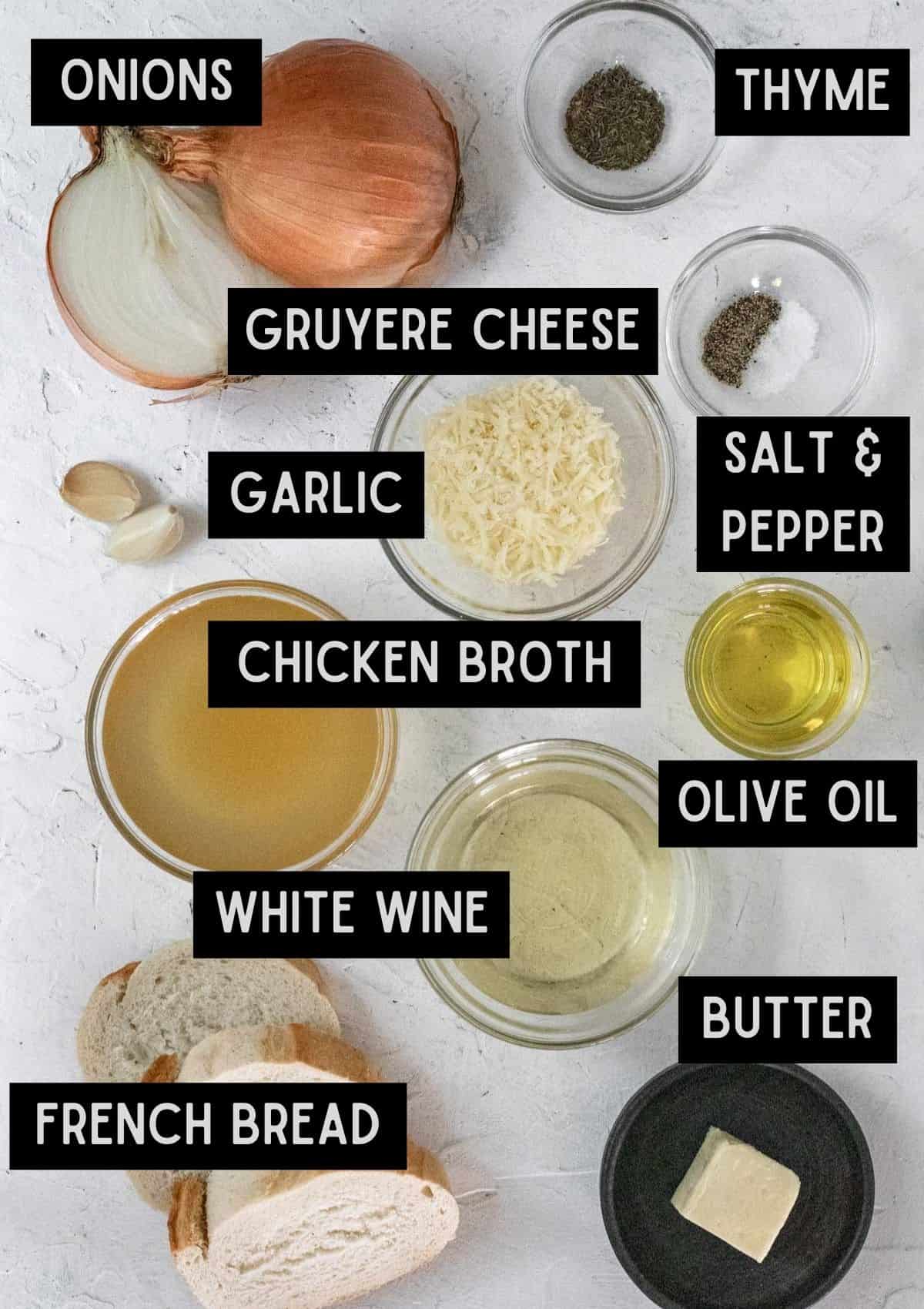 Labelled ingredients for the french onion sauce (see recipe for details).