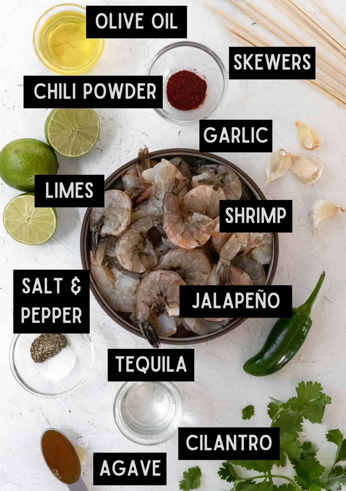 Labelled ingredients for tequila lime grilled shrimp (see recipe for details).