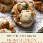 Pin graphic for french onion chicken meatballs.
