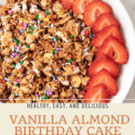 Pin graphic for birthday cake granola.