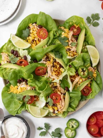 Shredded chicken taco lettuce wraps on a round platter with all the fixings around it.