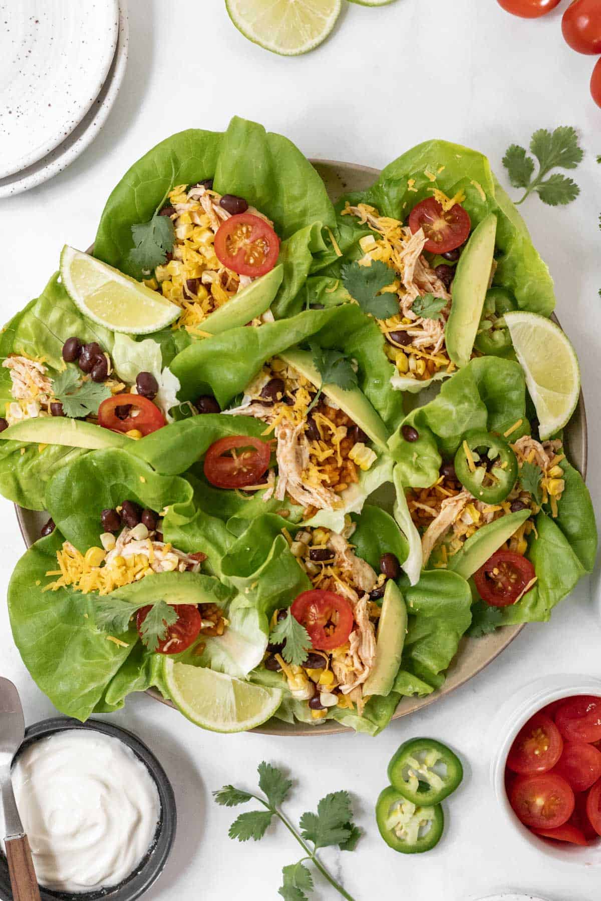 Shredded chicken taco lettuce wraps on a round platter with all the fixings around it.