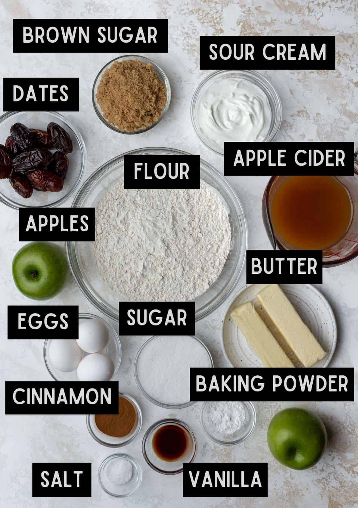 Labelled ingredients for apple cider and date coffee cake (see recipe for details).